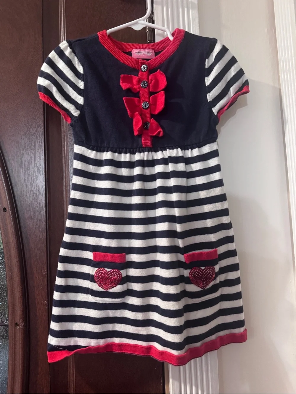 L.C WaikikiGirls Navy & White Striped Knit Dress with Red Trim and Heart Pockets
